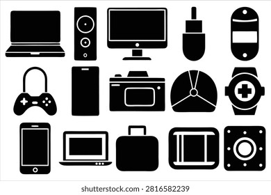 Collection of electronic gadgets and devices silhouette isolated on white background