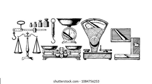 Collection of electronic and mechanical scales for shop. Vector hand drawn illustration in vintage engraved style. Isolated on white background.