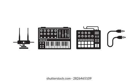 A collection of electronic music gear including a synthesizer, drum machine, and audio cable, used for music production and sound design.