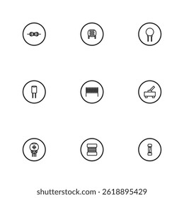 Collection of electronic passive component icons in black outline style, featuring resistors, capacitors, inductors, and connectors. Ideal for electronics manuals, circuit, and engineering diagrams.