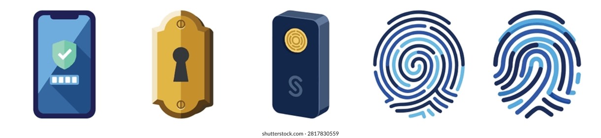 Collection of electronic security tools featuring smartphones fingerprint scanner and alarm tag in vibrant blue yellow hues for security and technology applications