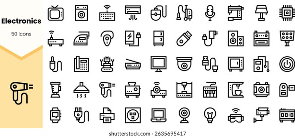 Colección de iconos electrónicos que muestran varios dispositivos y gadgets, con diseños de líneas minimalistas en negro, perfecto para proyectos relacionados con la tecnología.