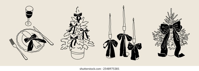 Colección de elegancia italiana ilustraciones de invierno. Pegatinas de línea dibujadas a mano. Árbol de Navidad con arco, plato de servir, candelabros. Elementos de tinta Clipart Doodle para el arte de la pared, tarjetas, marca.	