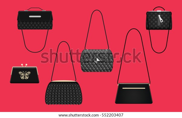 Collection of elegance shoulder bags and\
handbags black color with golden metal details. Trendy accessory\
for beautiful ladies. Isolated fashion objects on red background.\
Vector illustration