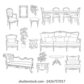 Colección de elegantes muebles antiguos y decoraciones interiores en estilo retro vintage de moda. Ilustraciones de vector de boceto negro dibujado a mano moderno aisladas sobre fondo blanco. 