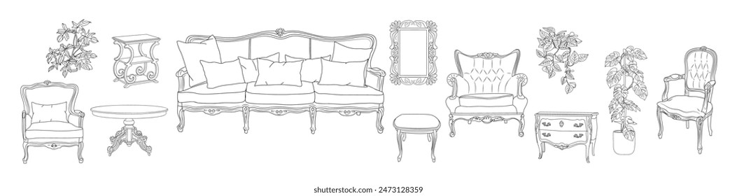 Collection of elegant antique furniture, home interior decorations, potted plants in trendy vintage retro style. Modern hand drawn black sketch vector illustrations isolated on white background.