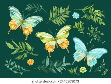 Collection of elegant beautiful tropical butterflies and plants isolated on background. Cute flying butterfly insects and leaves for decorative design elements.Vector illustration