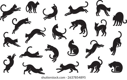 Collection of Elegant Black Cat Silhouettes: Various Poses and Actions