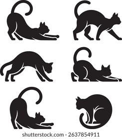 Collection of Elegant Black Cat Silhouettes: Stretching, Walking, Sitting Poses