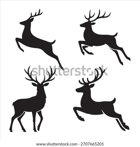 A collection of elegant black deer silhouettes, showcasing graceful standing and dynamic jumping poses with prominent antlers. Perfect for festive designs.
