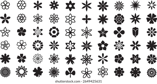 A collection of elegant black flower silhouette icons, perfect for nature-themed designs and floral decorations.