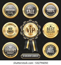 Collection of elegant black and gold design elements - buttons, badges, labels