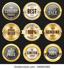 Collection of elegant black and gold design elements - buttons, badges, labels