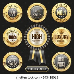 Collection of elegant black and gold design elements - buttons, badges, labels
