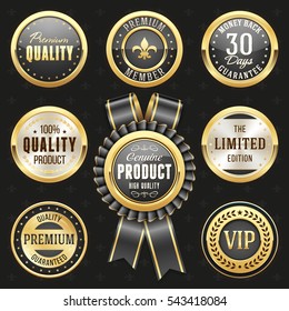 Collection of elegant black and gold design elements - buttons, badges, labels