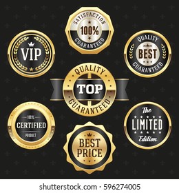 Collection of elegant black and gold design elements - buttons, badges, labels