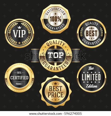Collection of elegant black and gold design elements - buttons, badges, labels