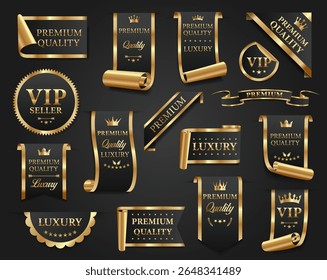 Collection of elegant black and gold VIP labels, premium quality tags, and luxury ribbons for branding or product packaging. Vector illustration
