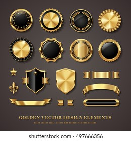 collection of elegant black and golden design elements - shields, labels, seals, banners, badges, scrolls and ornaments