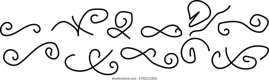 Collection of elegant black hand drawn decorative swirls and flourishes on a white background