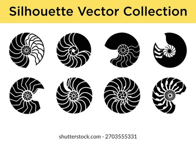 Eine Kollektion eleganter Silhouetten mit schwarzer Nautilus-Muschel und komplizierten Spiralmustern, perfekt für Meeres- und Naturdesigns.