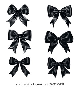 Collection of elegant black satin bows in various styles for luxury gift decoration. Collection bow designs in various styles and shapes, perfect for festive decorations and gift wrapping