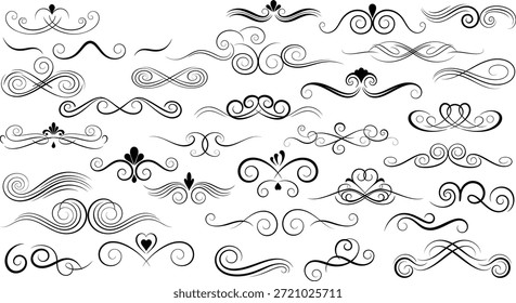 Uma coleção de elegantes divisores de rolagem preta e elementos decorativos em um fundo branco, apresentando espirais intrincados, curvas e floreios para embelezamentos de design.