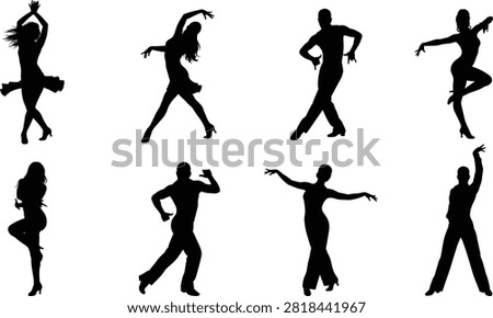 A collection of elegant black silhouettes featuring dancers performing ballroom and Latin dance moves. This vector set is ideal for dance studio branding, event posters, and party invitations.A collection of elegant black silhouettes featuring dancers performing ballroom and Latin dance moves. This vector set is ideal for dance studio branding, event posters, and party invitations.
