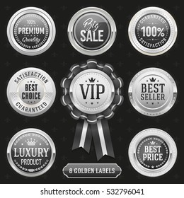 Collection of elegant black and silver design elements - buttons, badges, labels
