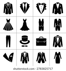 Collection of elegant black and white formal attire icons for business and event designs