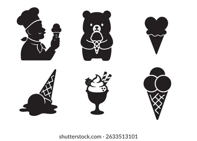 A collection of elegant black and white ice cream icons is presented against a clean white backdrop. 