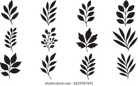 A collection of elegant black and white leafy branch silhouettes for design projects