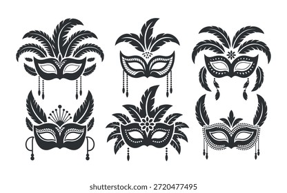 A collection of elegant black and white masquerade masks with decorative feathers and intricate designs