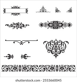 A collection of elegant black-and-white ornamental designs featuring vintage floral patterns