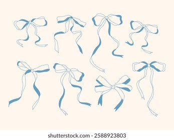 A collection of elegant blue bows with a vintage aesthetic on a light background. Ideal for wedding decor, fashion accessories, textile patterns, packaging, and greeting card designs.