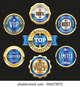Collection of elegant blue and gold design elements - buttons, badges, labels