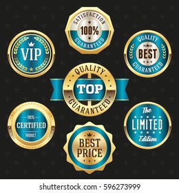Collection of elegant blue and gold design elements - buttons, badges, labels