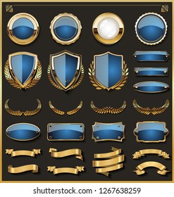 Collection of elegant blue and golden badges and labels design elements