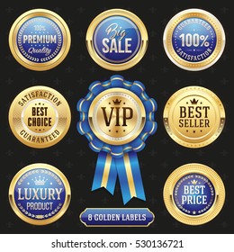Collection of elegant blue and golden design elements - buttons, badges, labels