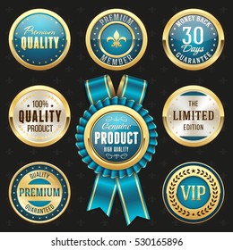 Collection of elegant blue and golden design elements - buttons, badges, labels