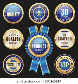 Collection of elegant blue and golden design elements - buttons, badges, labels