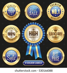 Collection of elegant blue and golden design elements - buttons, badges, labels
