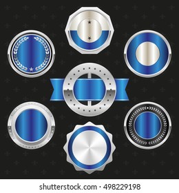 Collection of elegant blue and silver design elements - buttons, badges, labels