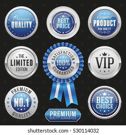 Collection of elegant blue and silver design elements - buttons, badges, labels