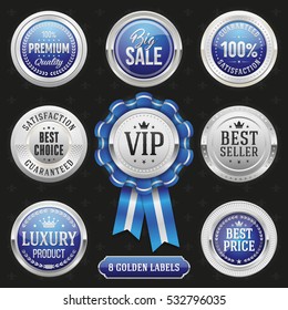 Collection of elegant blue and silver design elements - buttons, badges, labels