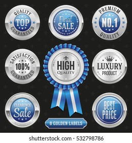 Collection of elegant blue and silver design elements - buttons, badges, labels