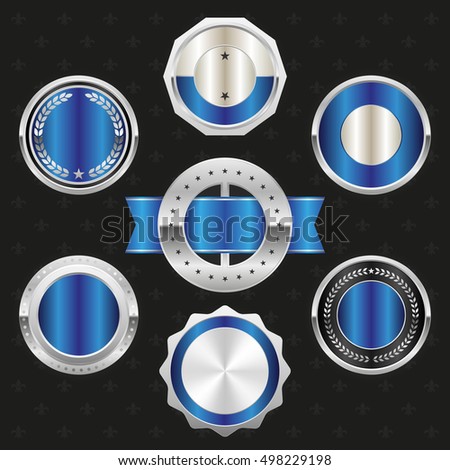 Collection of elegant blue and silver design elements - buttons, badges, labels