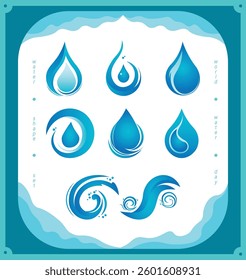 A collection of elegant blue water drop and wave icons in a modern vector style. This set features various abstract fluid shapes, perfect for eco-friendly branding, water conservation campaigns.
