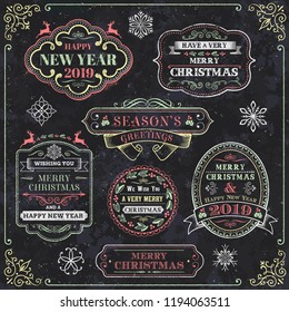 Collection of Elegant Christmas and Happy new Year 2019 vector labels. Every part of the image is separated and organized in different layers.