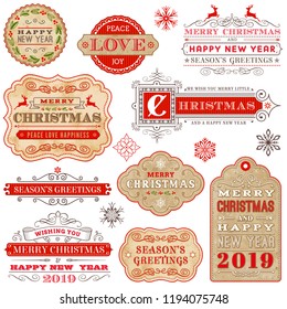 Collection of Elegant Christmas and Happy new Year 2019 vector labels. Every part of the image is separated and organized in different layers. 